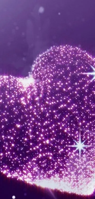 Purple glittering heart with starry glow.