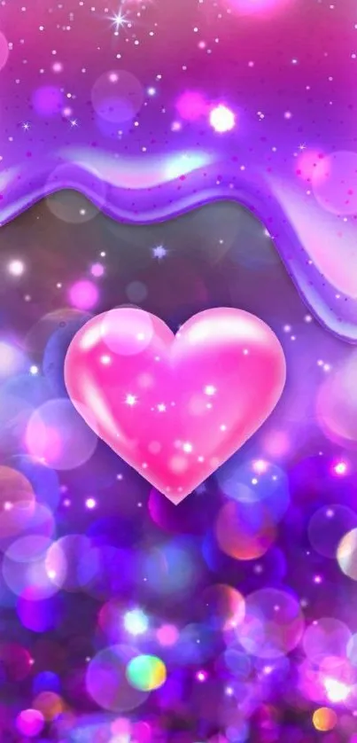 Sparkling pink heart on purple background with stars.