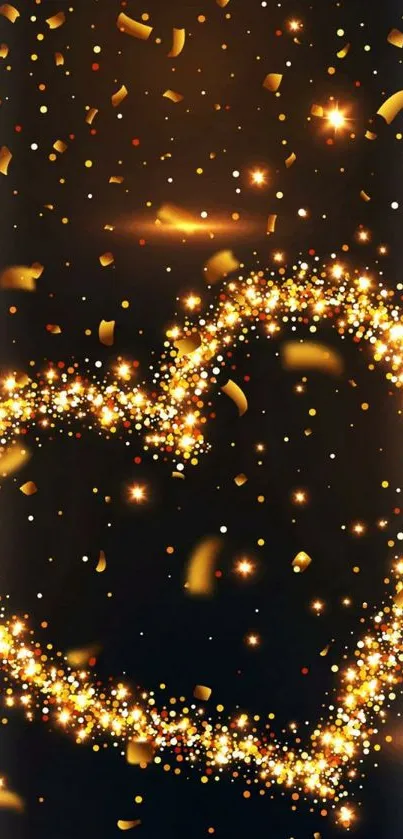 A sparkling heart made of golden particles on a dark background.