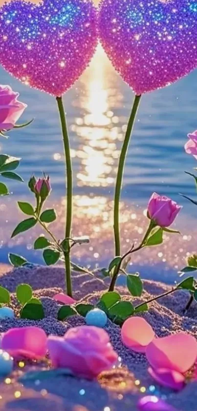 Glittering hearts and pink roses at beach sunset.