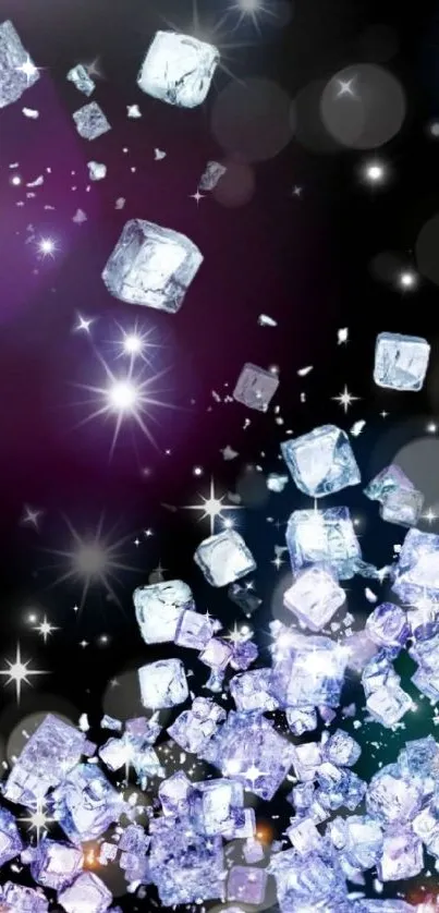 Floating ice crystals with starry sky background creating a sparkling effect.