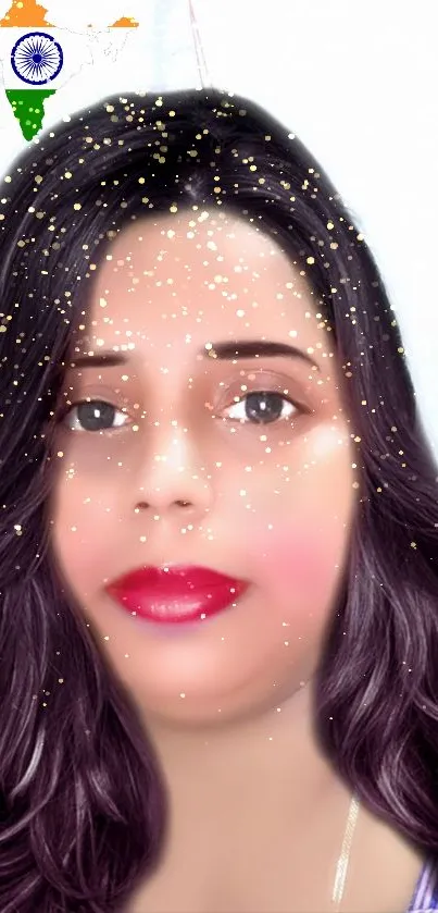 Glittering portrait with Indian flag map overlay.