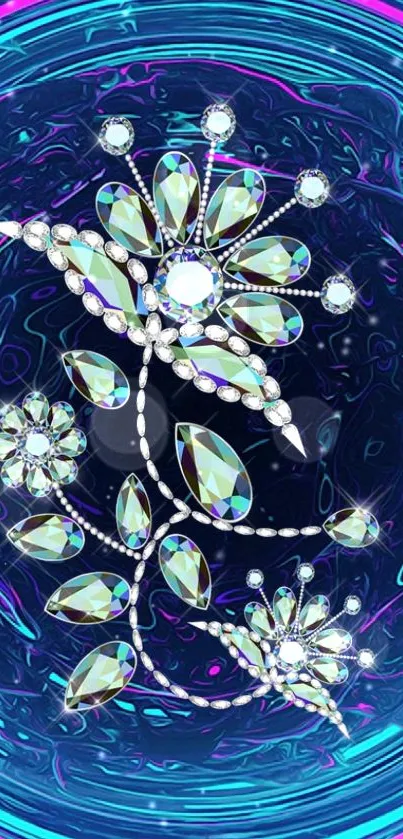 Abstract blue wallpaper with shimmering jewels and elegant design.