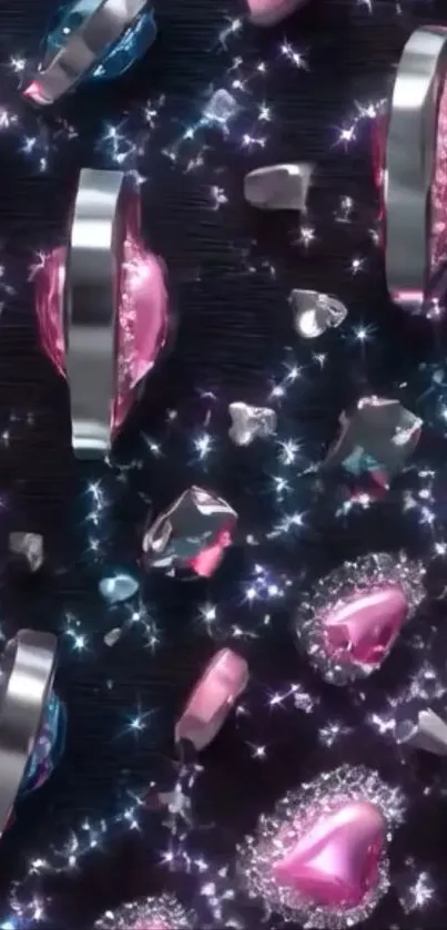 Glittering jewel heart wallpaper with pink and silver decorations.