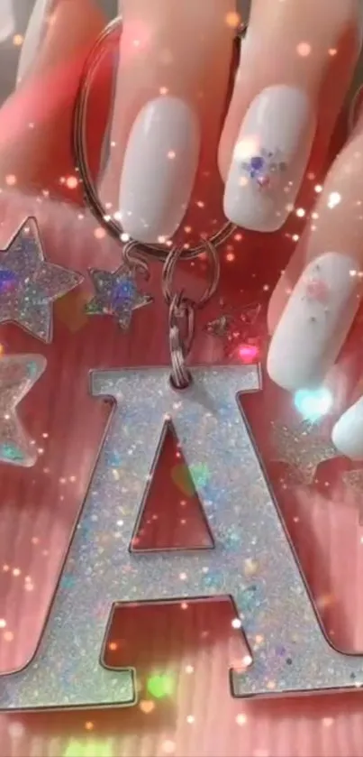 Glittery letter A keychain with star charms and elegant nails.