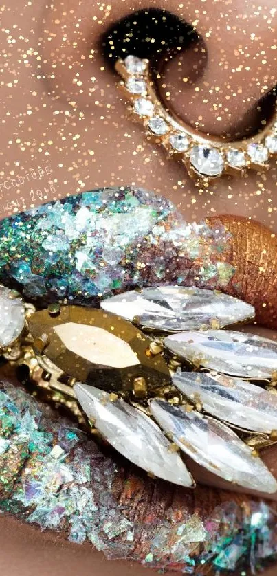 Close-up of lips with glitter and crystal embellishments.