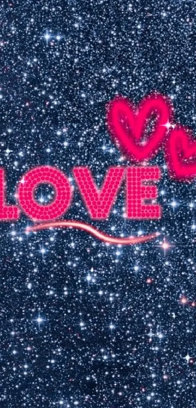 Sparkling galaxy wallpaper with pink 'Love' and hearts.