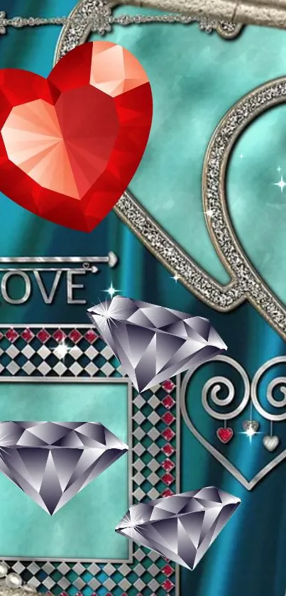 Mobile wallpaper with red heart, silver diamonds, teal background, and metallic details.