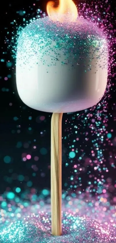 Glittering marshmallow with flame and sparkles in blue-purple hues.