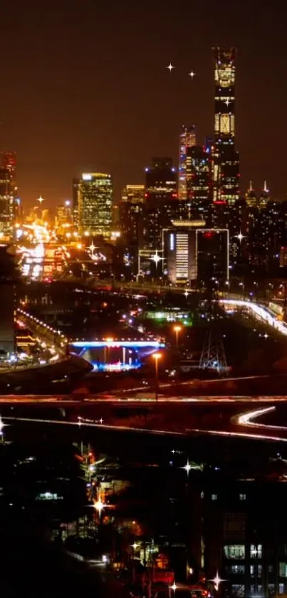 A stunning night cityscape with lights aglow and a towering skyline in the background.