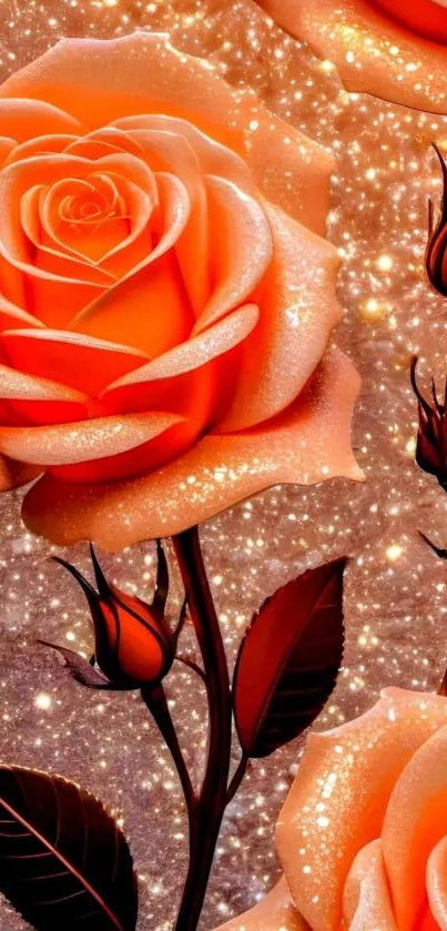 Elegant orange roses with glittering background on mobile wallpaper.