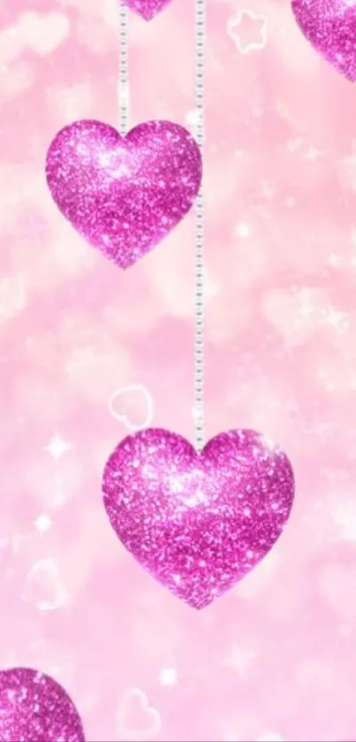 Vibrant wallpaper with glittering pink hearts against a light background.