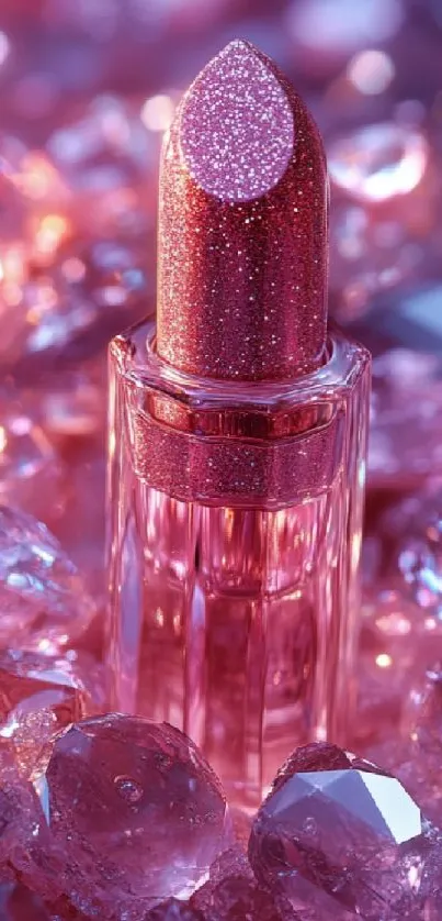 Glittery pink lipstick among sparkling crystals.