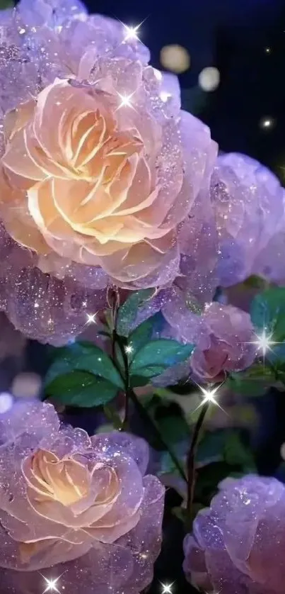 Glittering pink rose with luminescent petals and leaves.