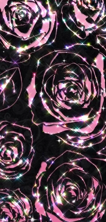 Mobile wallpaper with glittering pink roses on a stylish black background.