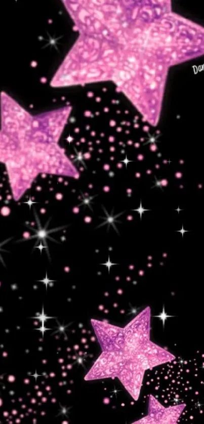 Wallpaper of glittery pink stars on a black background.