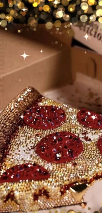 Glittering pizza art with golden tones and sparkling accents.