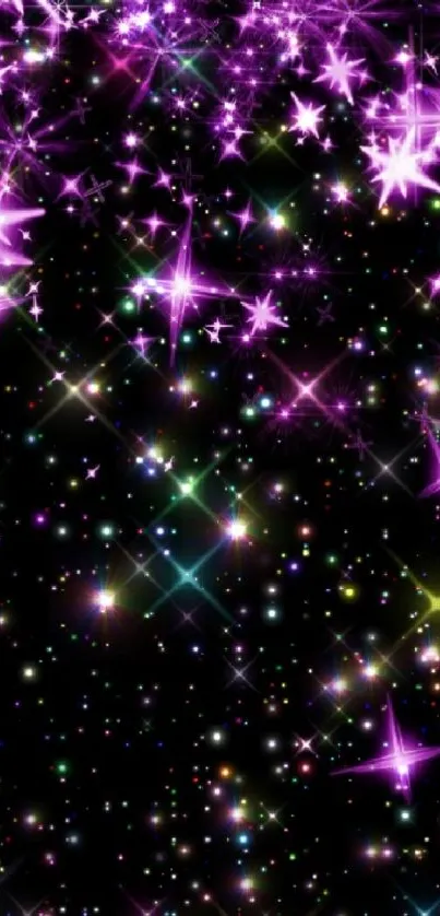 Vibrant galaxy wallpaper with purple stars and cosmic glitter.