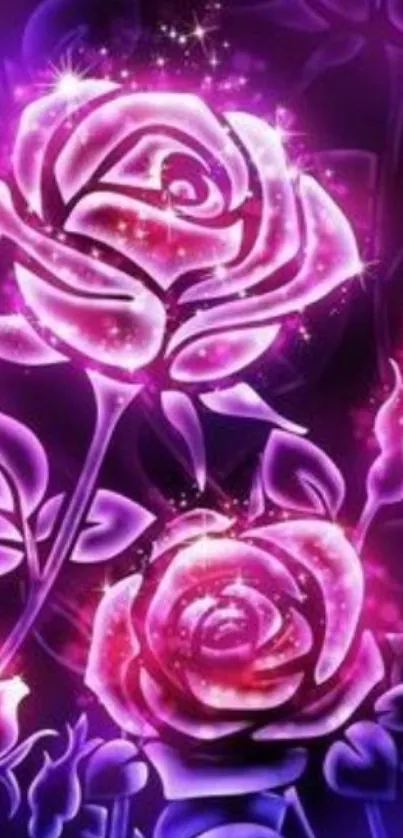 Glittering purple roses with luminous sparkle on a dark background.