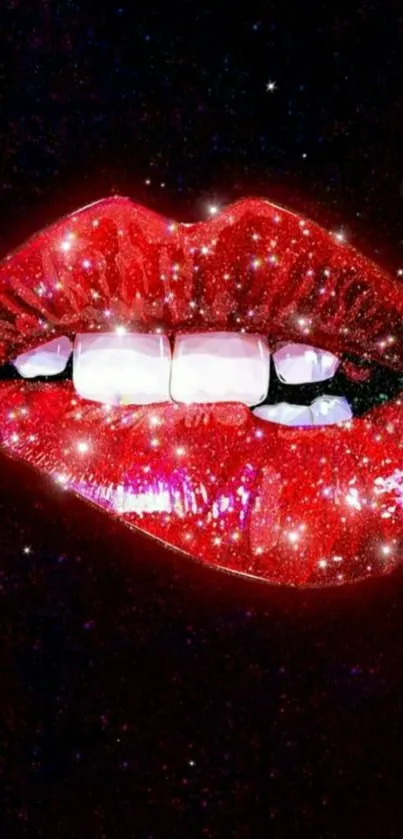 Glittering red lips on a dark background wallpaper.