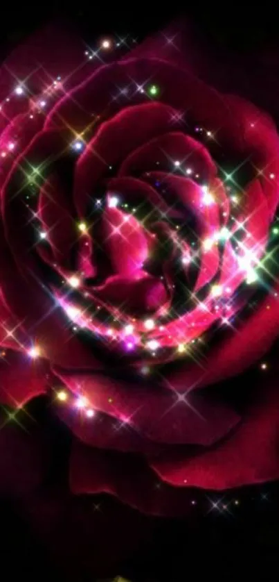 Vibrant red rose with sparkling glitter effect on a dark background.