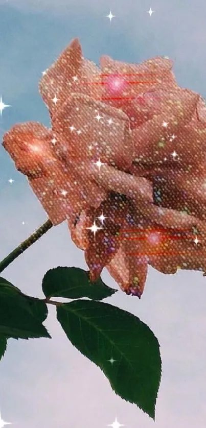 Glittering rose with sky background and sparkle effects.