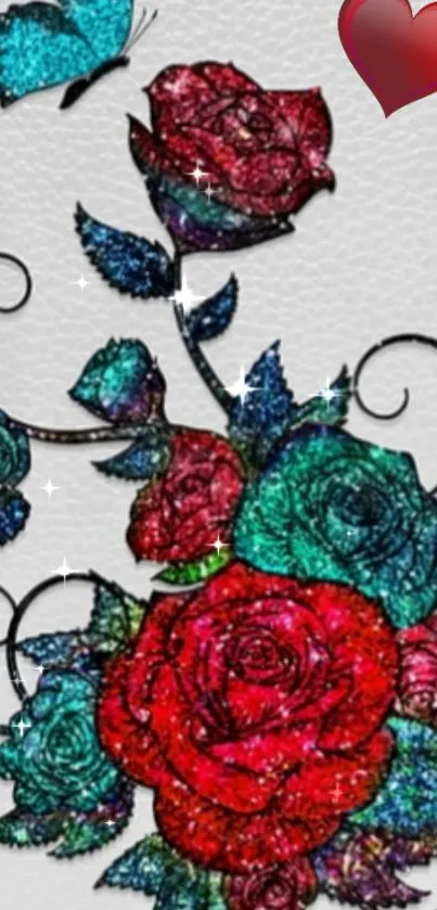 Glittering wallpaper with red roses and blue butterfly, sparkling design.