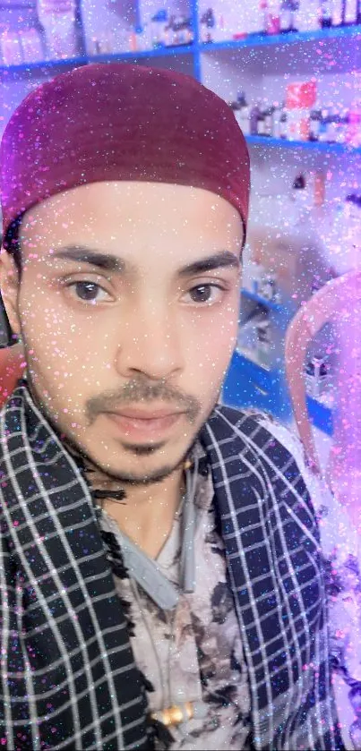 Colorful selfie with pink and purple sparkles.