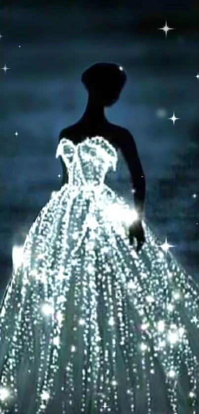 Luminous dress silhouette with sparkling effects on a dark background.