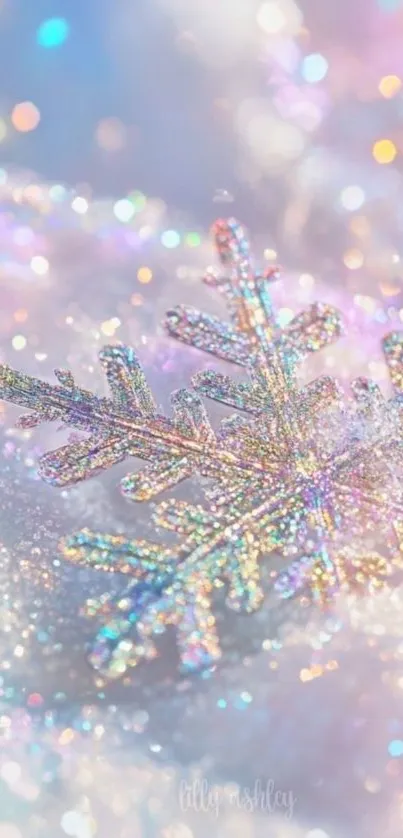 Glittery snowflake on colorful background.