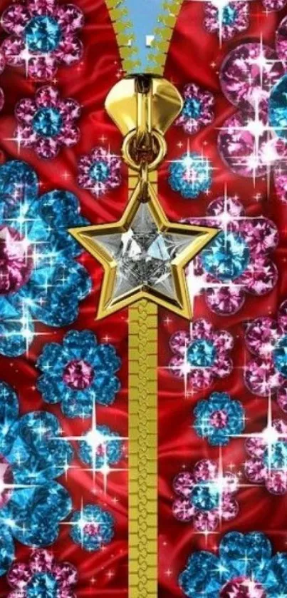 Glittery star zipper and floral gemstones design on red background.