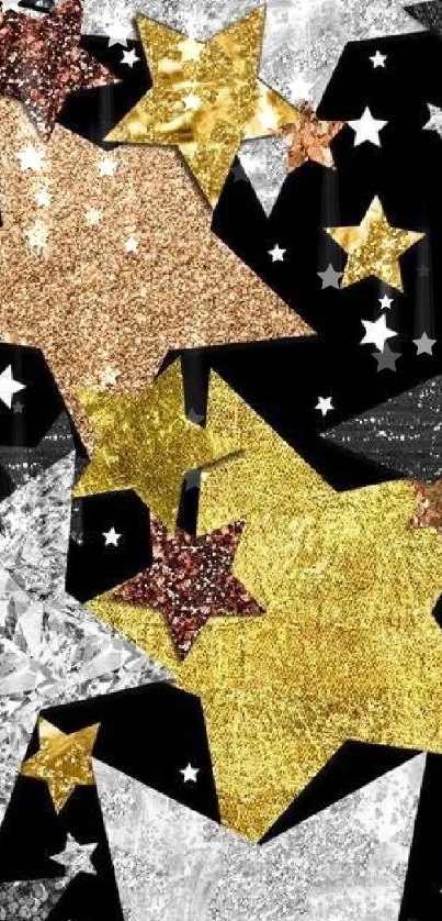 Black background with gold and silver glitter stars pattern.