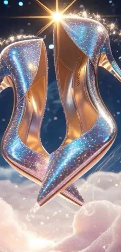Sparkling stiletto heels with blue glitter against a cloud backdrop.