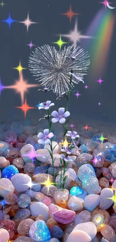 Enchanting glittering stones and colorful stars wallpaper with flowers.