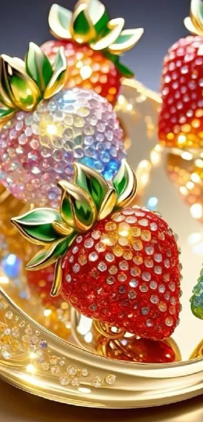 Jeweled strawberries with gold accents on luxurious wallpaper.