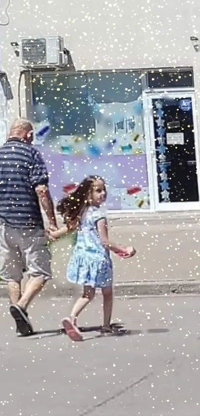 Father and daughter walking with sparkling street effect.