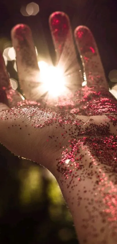 Glitter-covered hand in sunlight creating a dazzling effect.