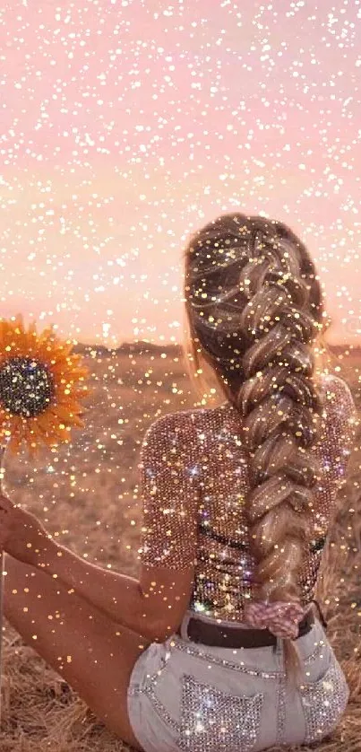 Woman with braided hair holding a sunflower at sunset in a field.