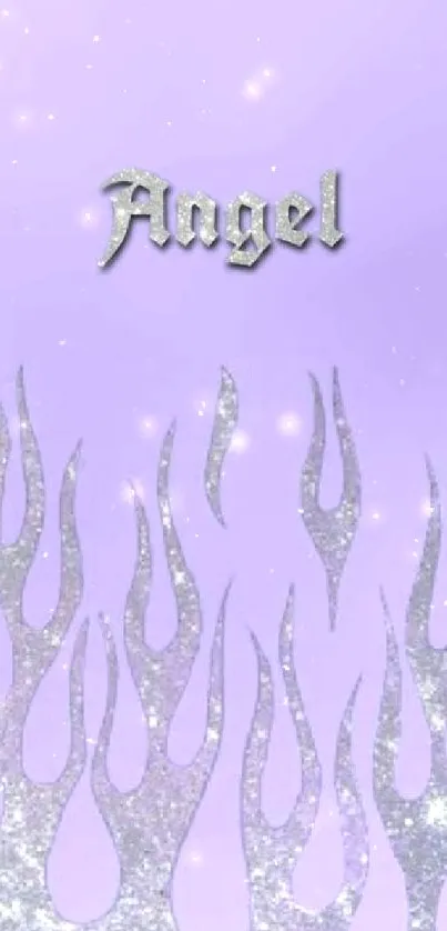 Lavender background with glittery flame design and 'Angel' text.