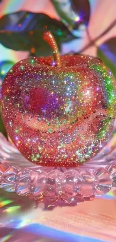 A glittery apple on a crystal dish with rainbow reflections in a surreal setting.