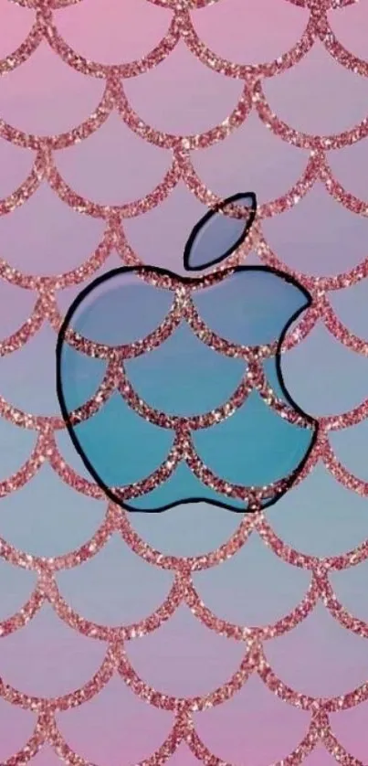 Pink glittery Apple logo on gradient background.