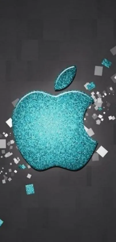 Teal glittery Apple logo on dark wallpaper background.