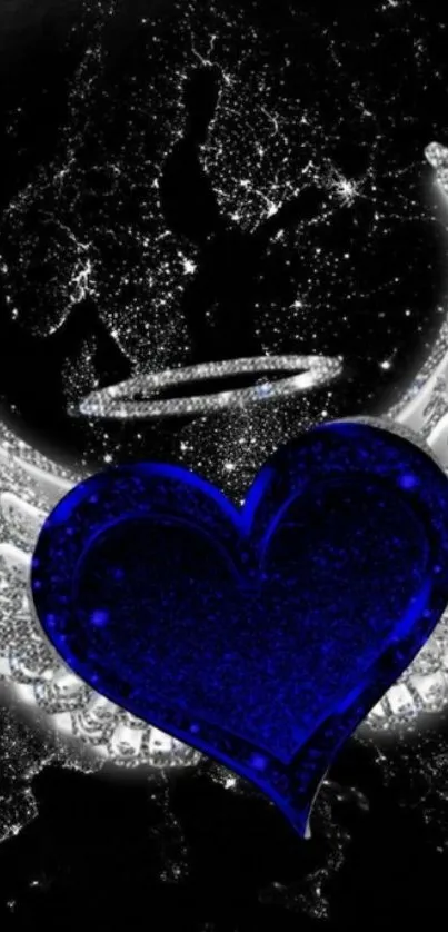 Blue heart with wings on a starry background wallpaper.