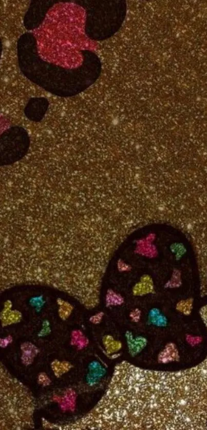 Glittery leopard print wallpaper with colorful bows.