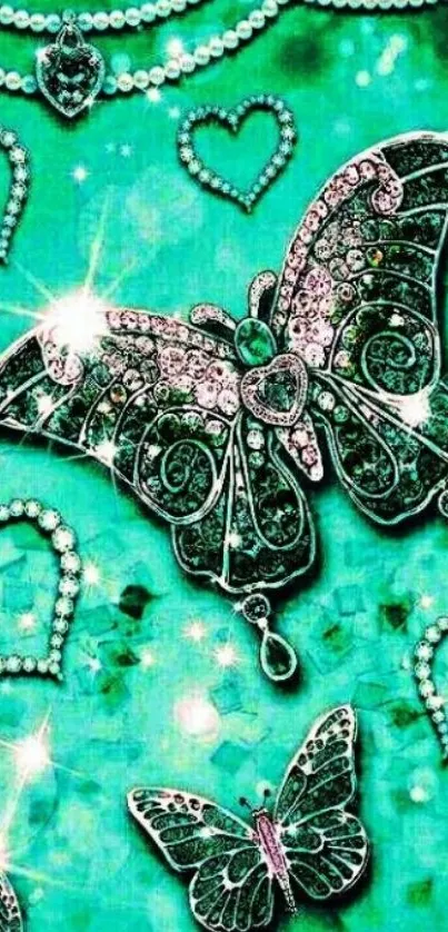 Teal butterfly jewelry-inspired wallpaper design.