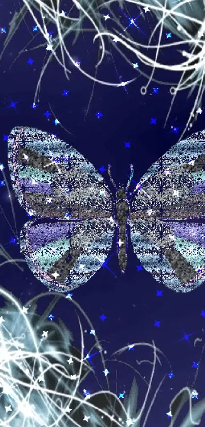 Glittery butterfly on starry night wallpaper