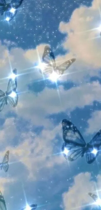 Glittery butterflies gliding across a sparkly sky with clouds.