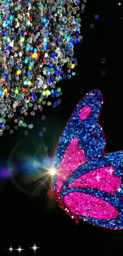 Colorful glitter butterfly on black background with sparkles.