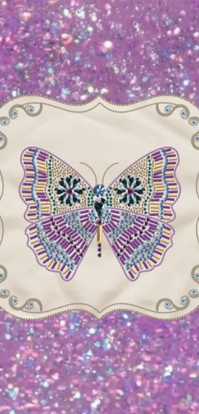 Glittery butterfly on a vibrant purple background, ideal for artistic phone wallpaper.