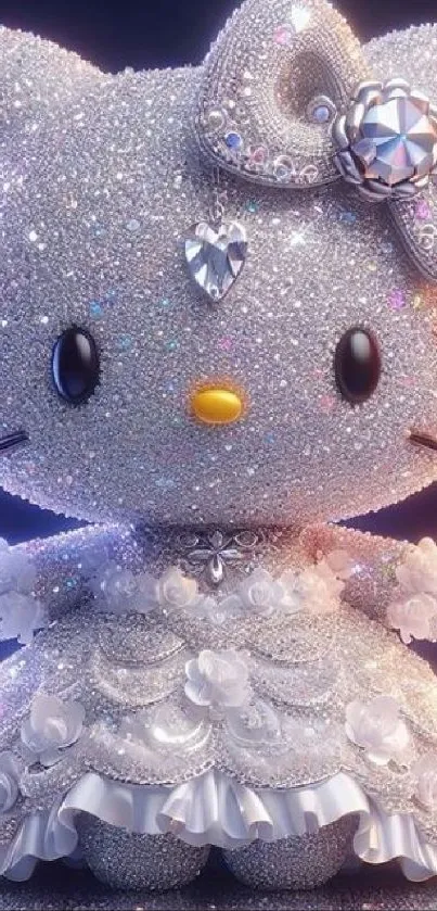 Glittery cat wearing a diamond dress, sparkling in silver hues.